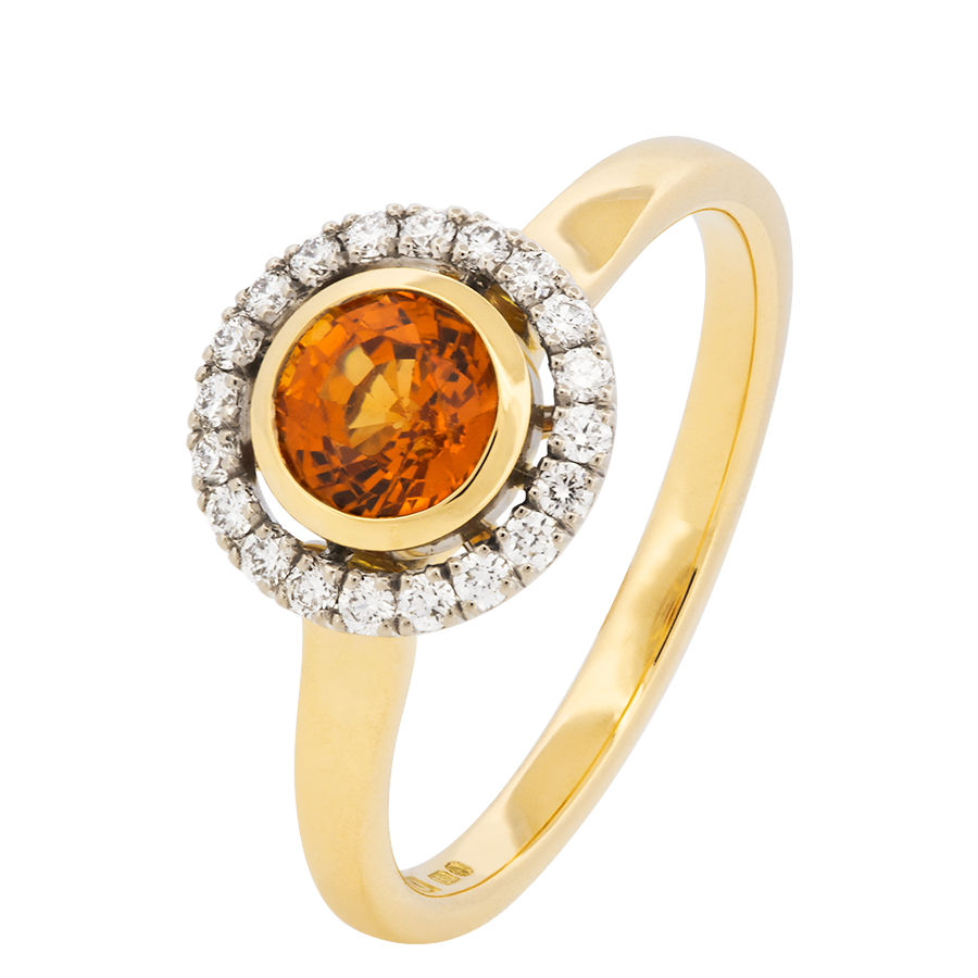 Round orange sapphire yellow gold jewellery with diamond cluster setting